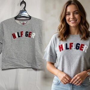 Tommy Hilfiger Women’s Ruffle Sleeve Crop Cute Top Grey XS 3D Logo Soft Cotton